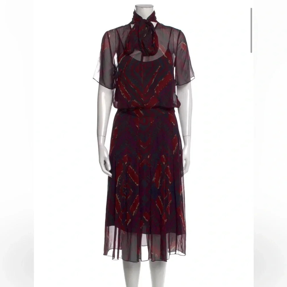 Adam Lippes Black and Multi Color Print Silk Sheer Tie Neck Dress Size 8